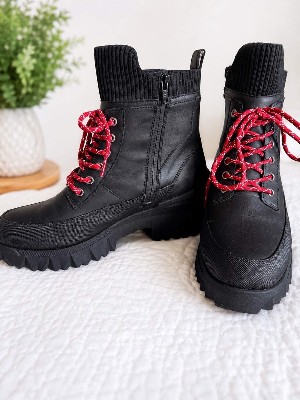 Nurture Rebalance Platform Black Combat Boots with Red Laces and Rib Knit Collar